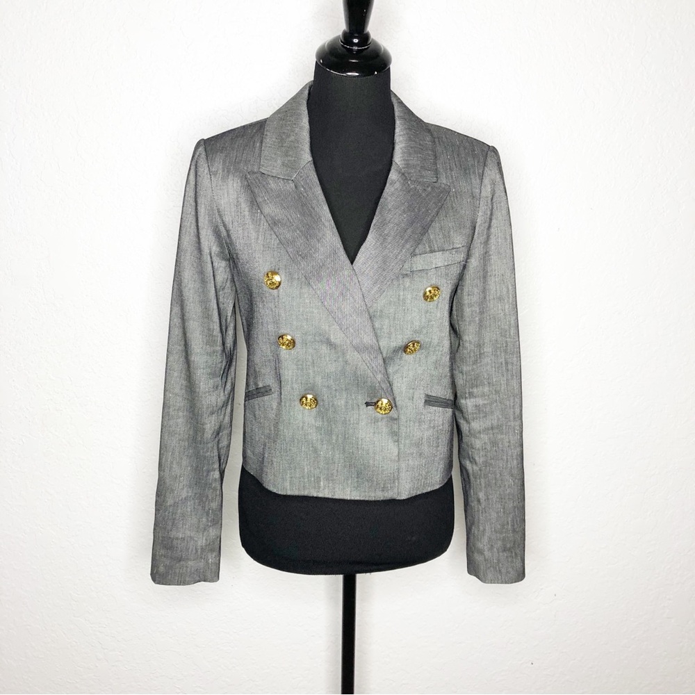 WHBM gray gold button double breasted linen blend blazer size 6 classic office
